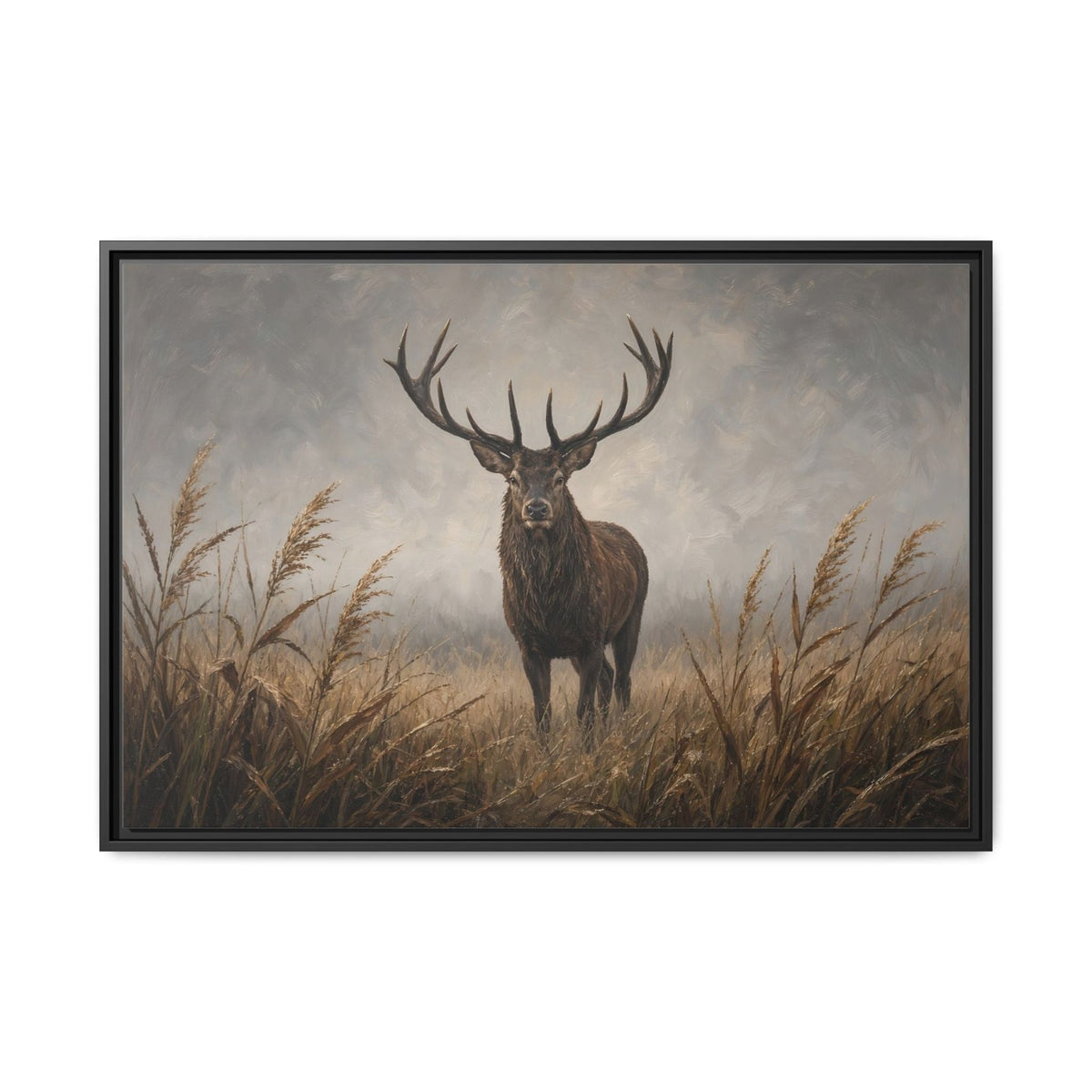 Stag deer canvas wall art in reeds, black frame, straight-on view