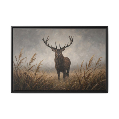 Stag deer canvas wall art in reeds, black frame, straight-on view