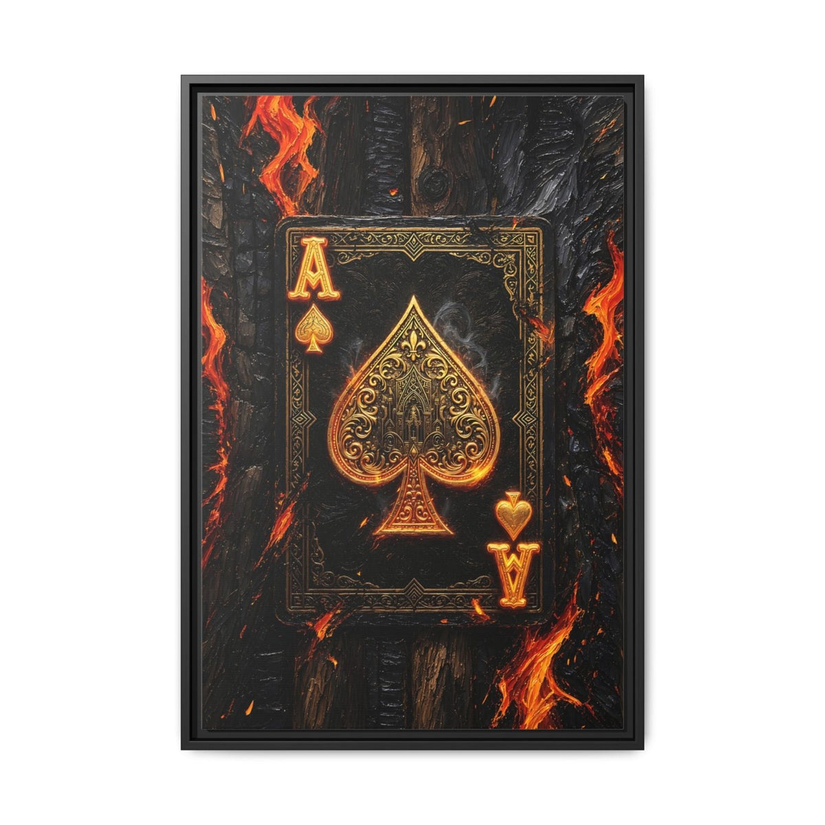 Framed canvas art of burning ace of spades with orange flames, black frame