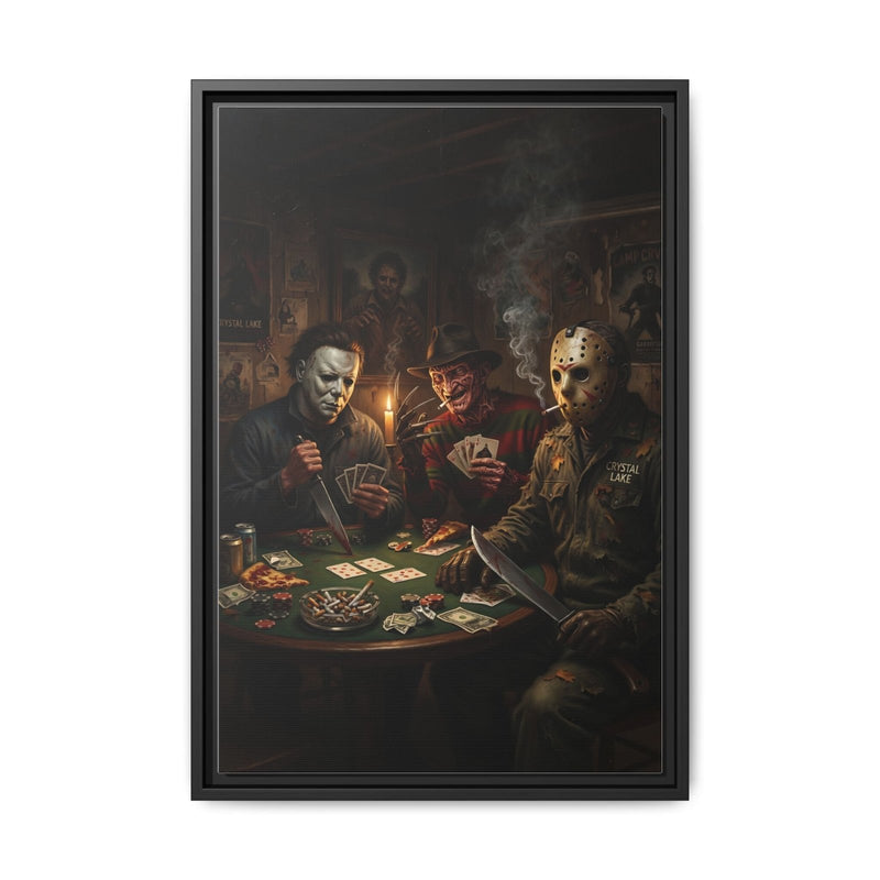 Framed matte canvas wall art with black frame and horror poker scene with candles