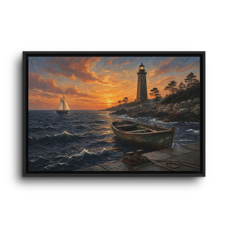 Framed canvas wall art with rowboat, lighthouse, and choppy ocean at sunset