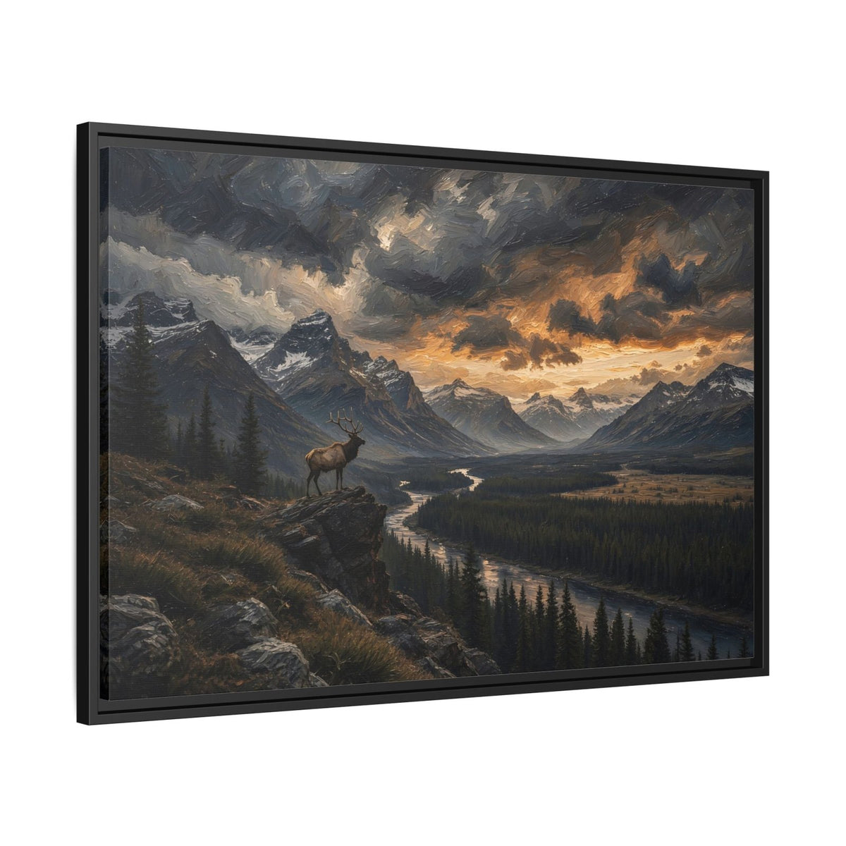 Framed canvas wall art angled view, mountain valley landscape with elk silhouette