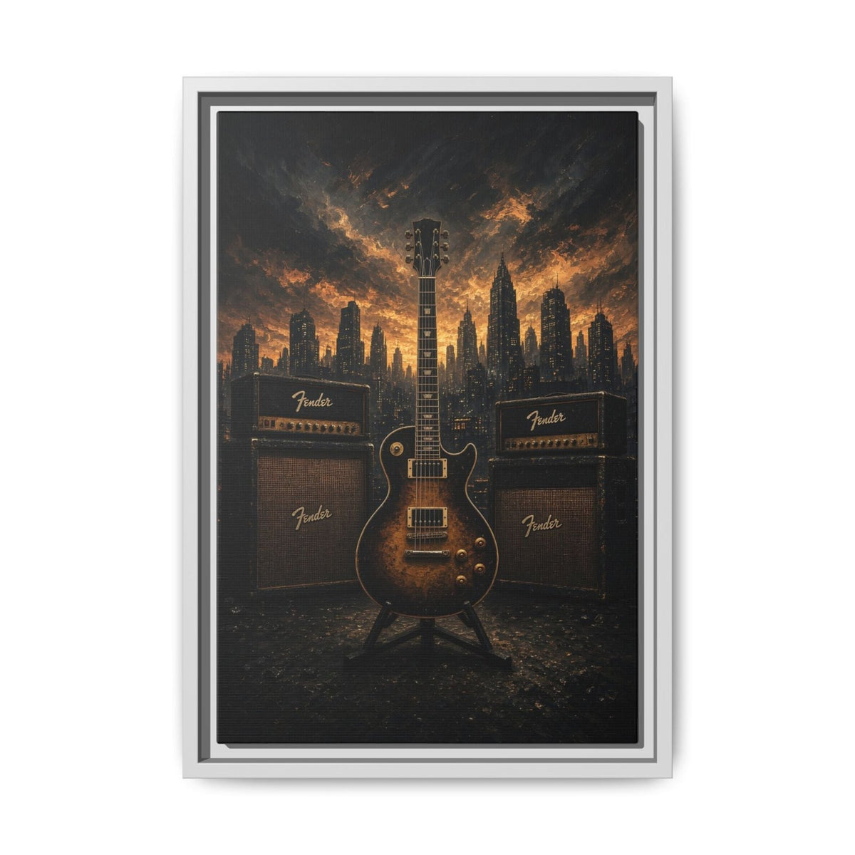 Guitar, Amps & Burning Skyline Cityscape Canvas