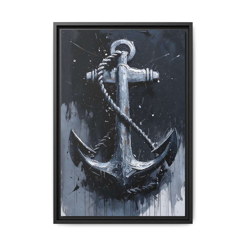 Framed nautical anchor wall art with silver anchor over black and gray distressed canvas