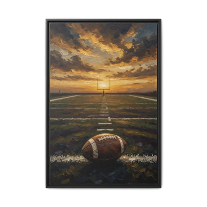 Black framed football field canvas showing sunset over the field and a football