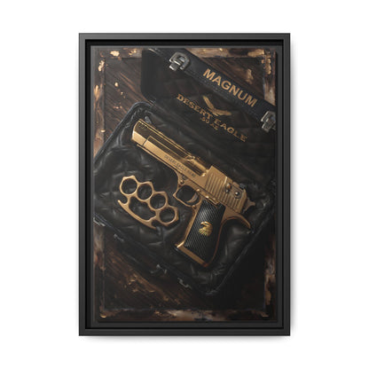 Framed canvas wall art with gold handgun and brass knuckles, black rectangular frame