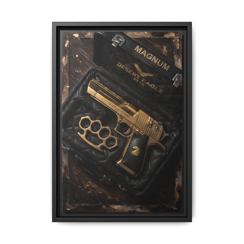 Framed canvas artwork of Desert Eagle pistol with brass knuckle design, black and gold