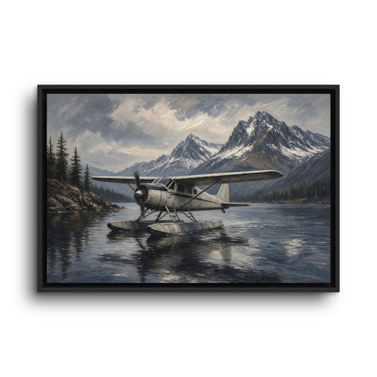 Black-framed mountain seaplane canvas print with airplane floating on lake and peaks