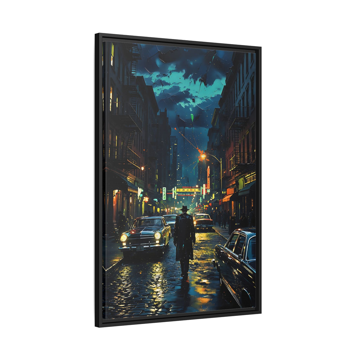 Vintage NY Gangster Rainy City Nightscape — Framed Canvas Print