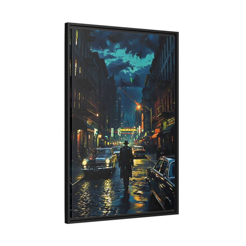 Black-framed canvas print of a narrow city alley with headlights and wet-road reflections