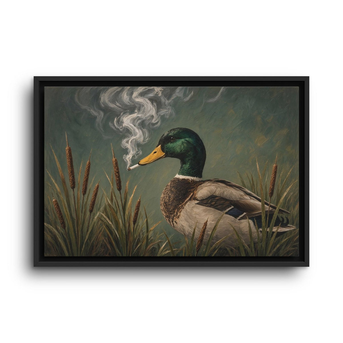Framed canvas wall art showing a duck in profile with smoke curls and reeds