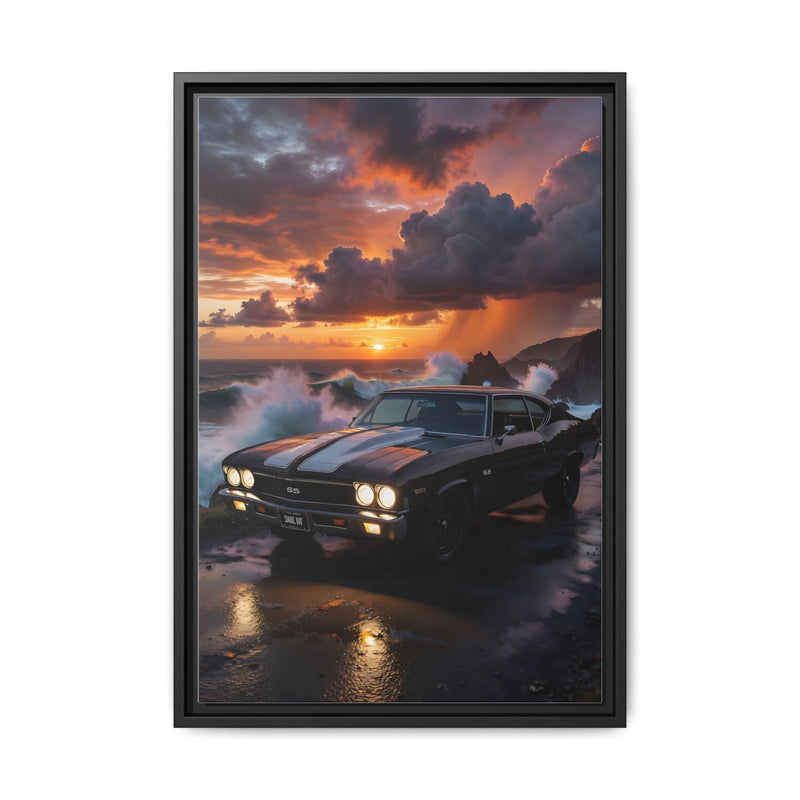 Framed canvas print showing a black muscle car with headlights lit at sunset