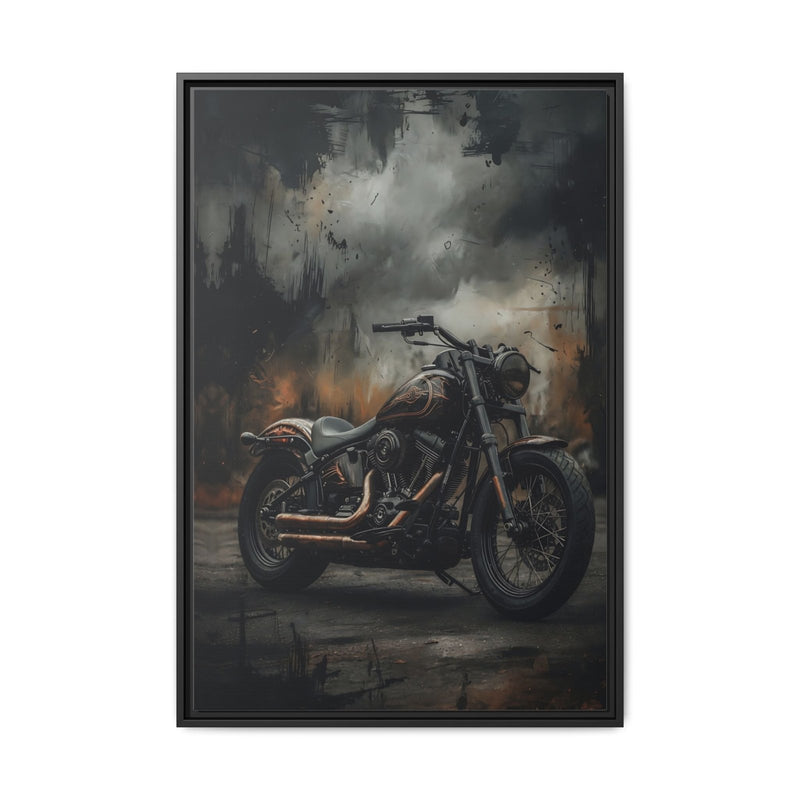 Framed matte canvas wall art featuring a cruiser motorcycle, black frame