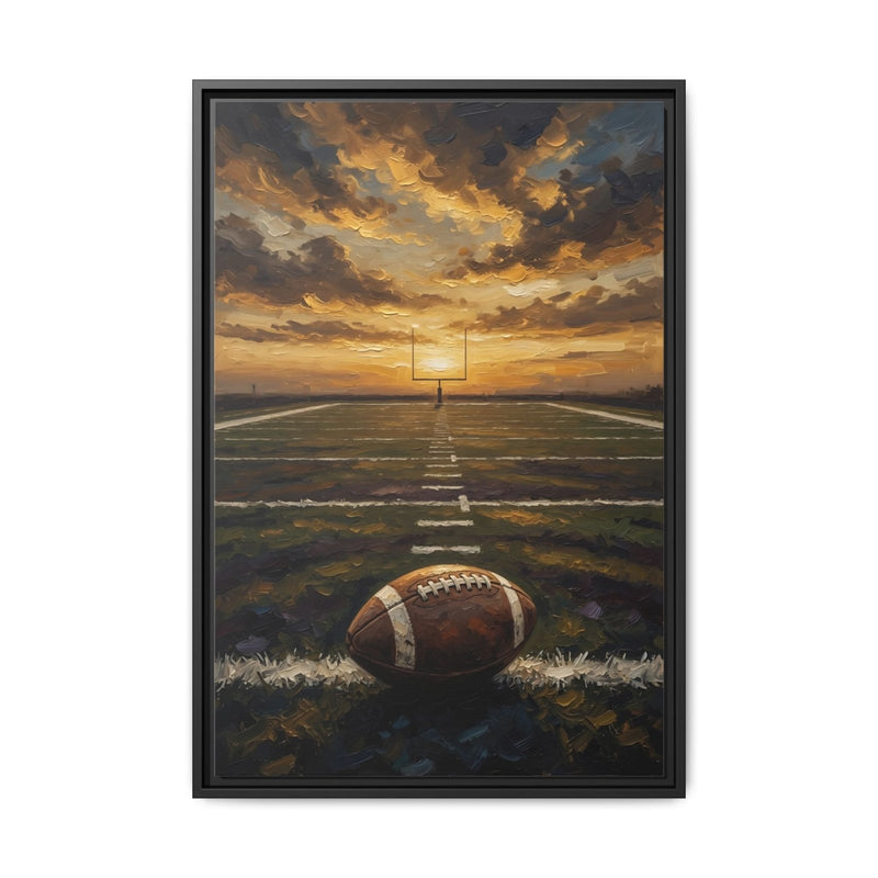 Black framed football field canvas with sunset clouds and football near bottom