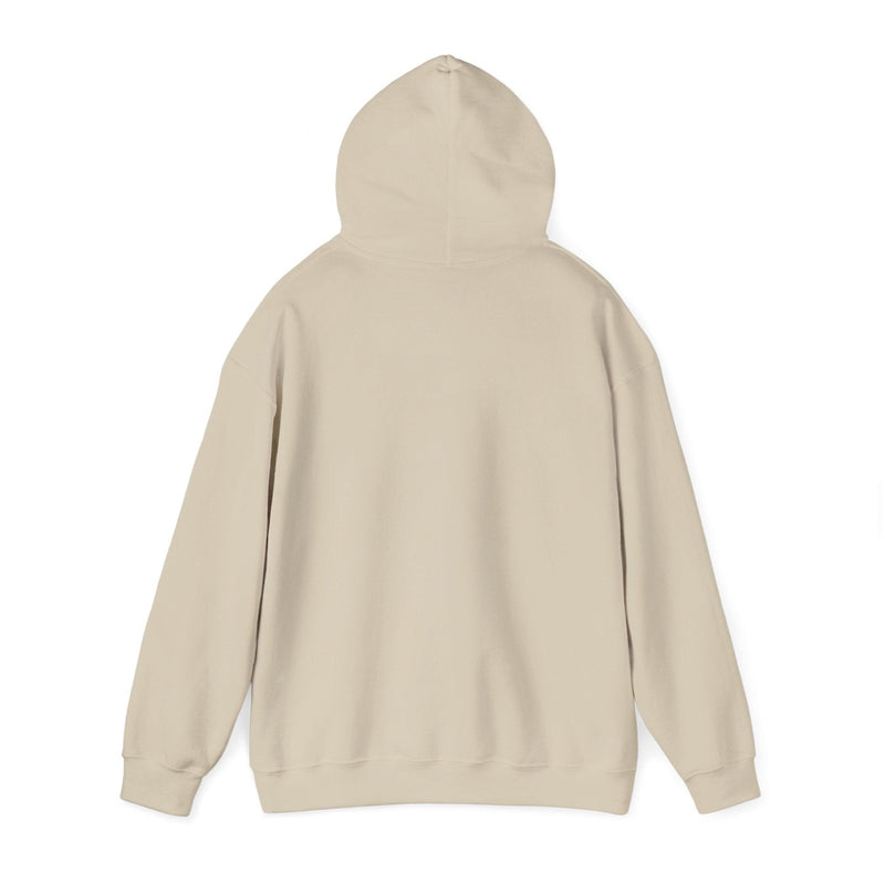 Sand pullover hoodie, back view with hood and drawstring, plain rear