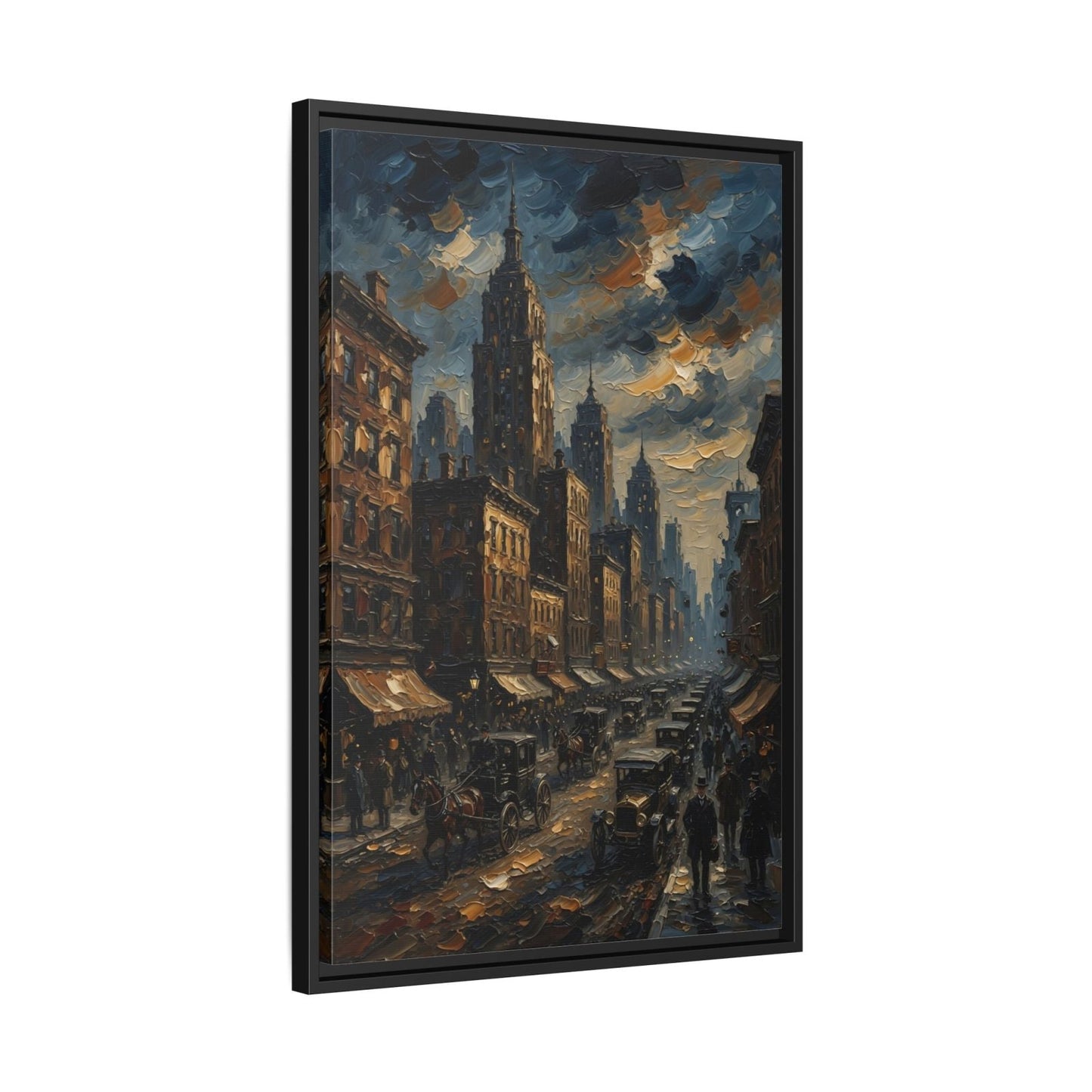 Black framed canvas shown from a side angle, with moody city street painting and frame depth.