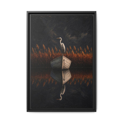 Framed canvas wall art showing a heron, mirrored reflection, and orange reeds over dark backdrop