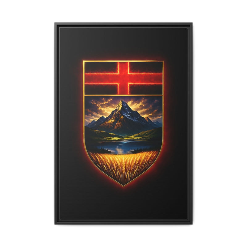 Framed canvas print, black frame; crest shield with glowing red cross over mountain landscape
