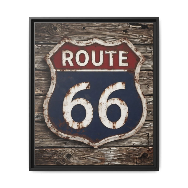 Framed Route 66 shield vintage sign with red ROUTE and distressed blue 66 on woodgrain.