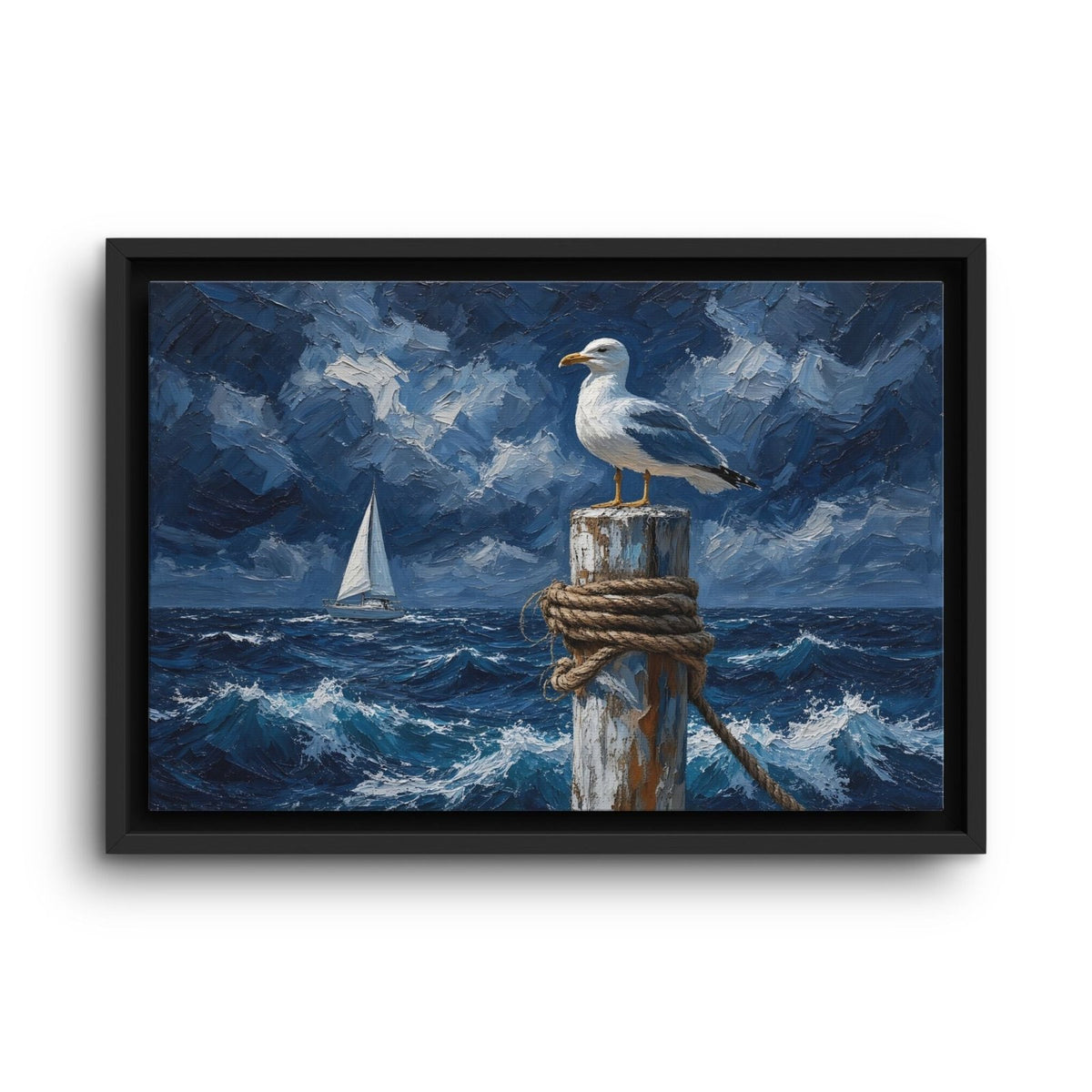 Coastal canvas print of a gull on a rope-wrapped post above rough waves, in a black frame