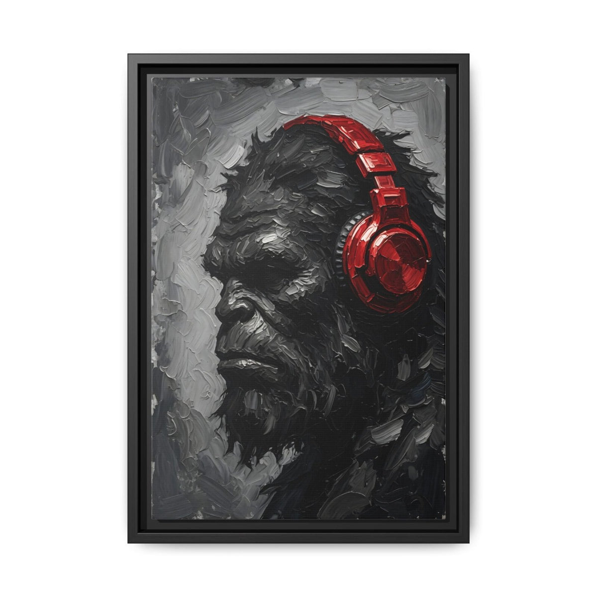 Framed canvas print of Bigfoot in grayscale with red over-ear headphones, side profile