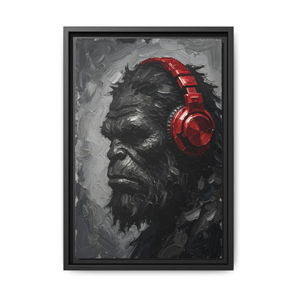 Framed canvas print of Bigfoot in grayscale with red over-ear headphones, side profile