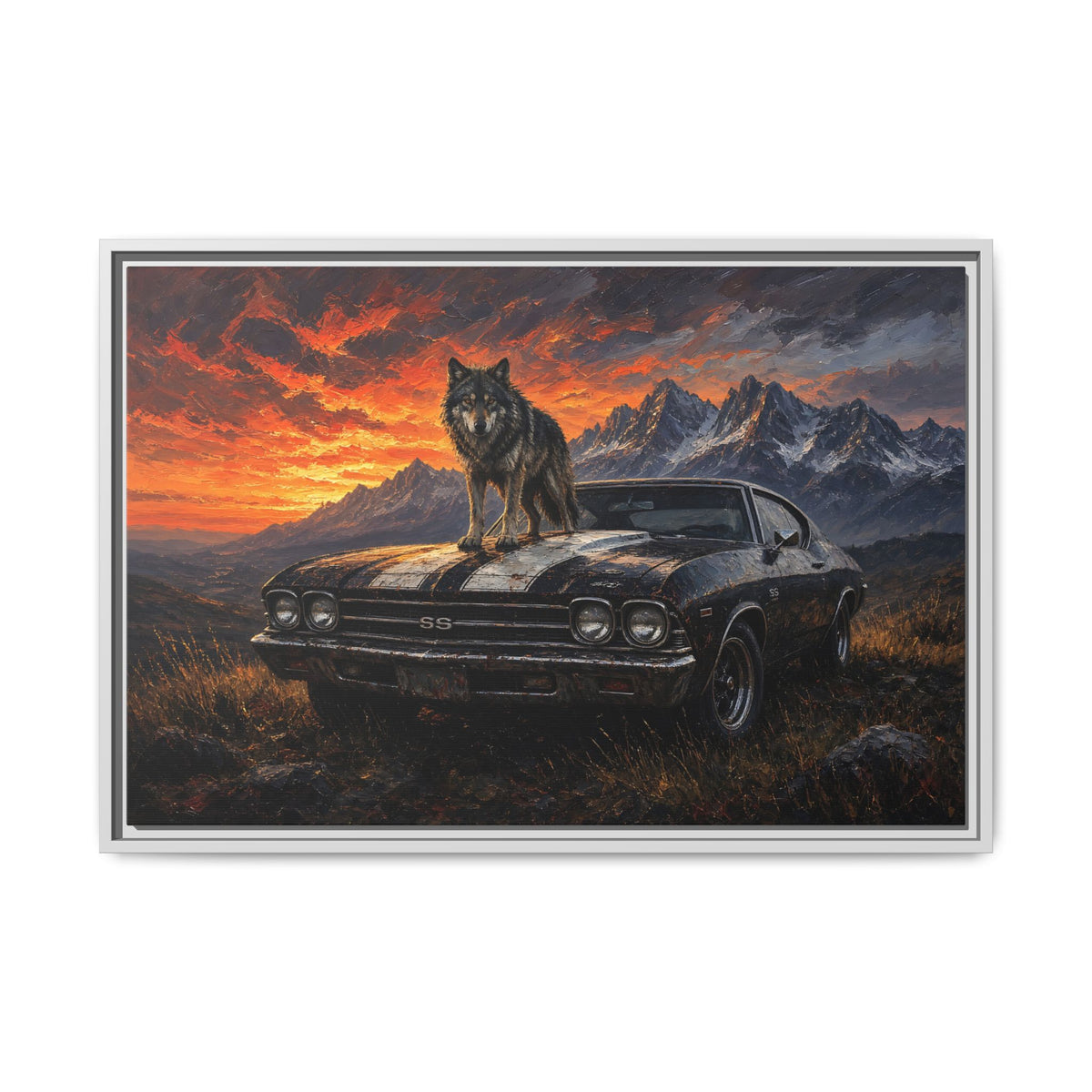 King Of The Hood - Wolf On Muscle Car – Mountain Sunset Canvas