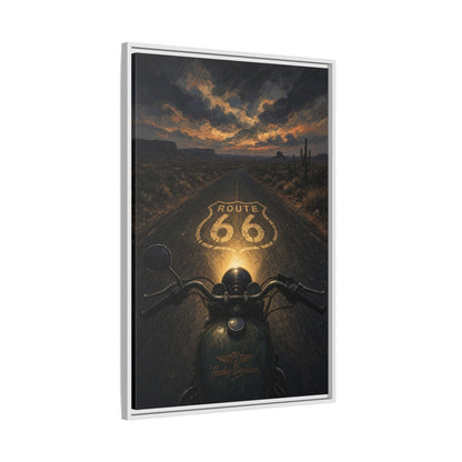 Framed Route 66 motorcycle canvas print, glowing Route 66 sign on road with warm sunset lighting