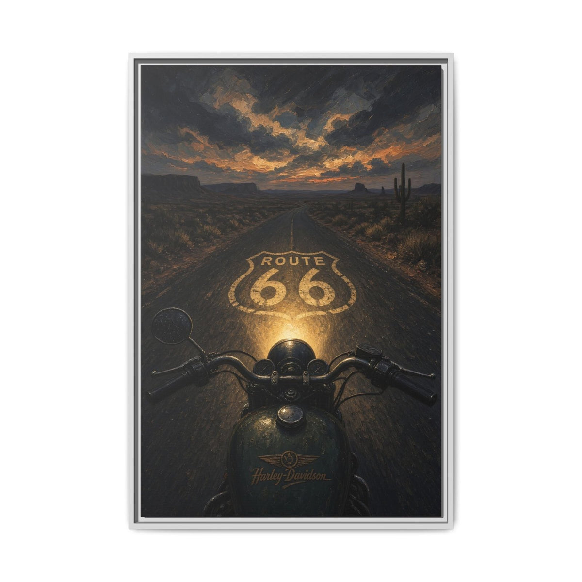 Framed Route 66 motorcycle canvas print, motorcycle view with glowing 66 emblem and orange sunset