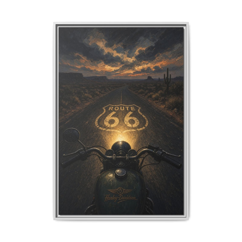 Framed Route 66 motorcycle canvas print, motorcycle view with glowing 66 emblem and orange sunset