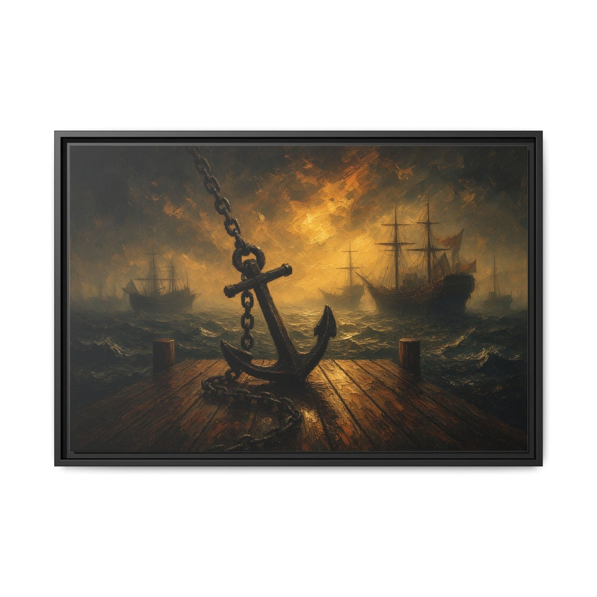 Black-framed matte canvas seascape with anchor on wooden pier at sunset