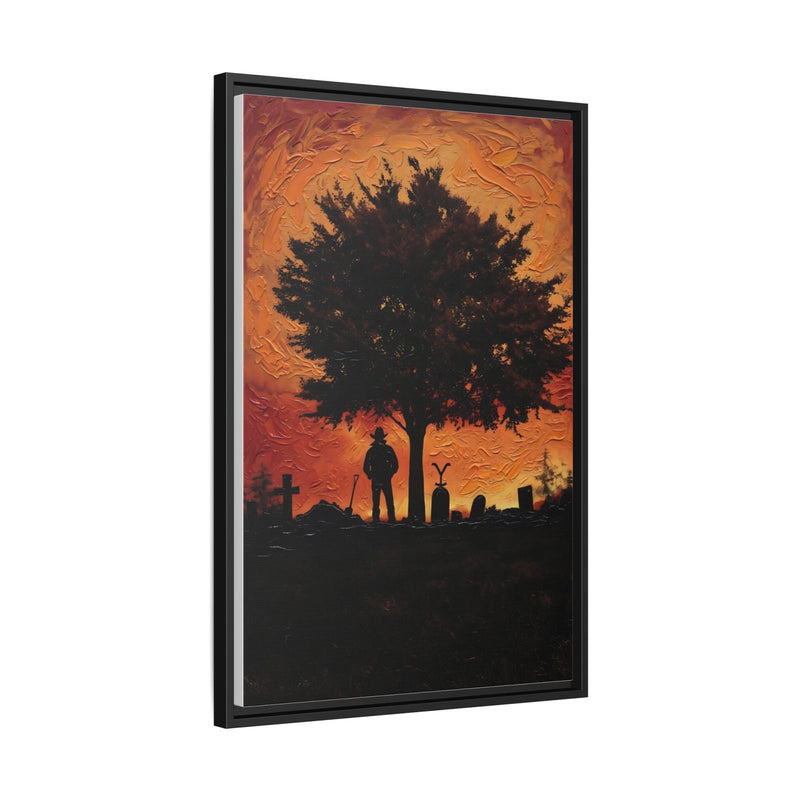 Black framed matte canvas wall art, angled view of silhouetted tree and figures