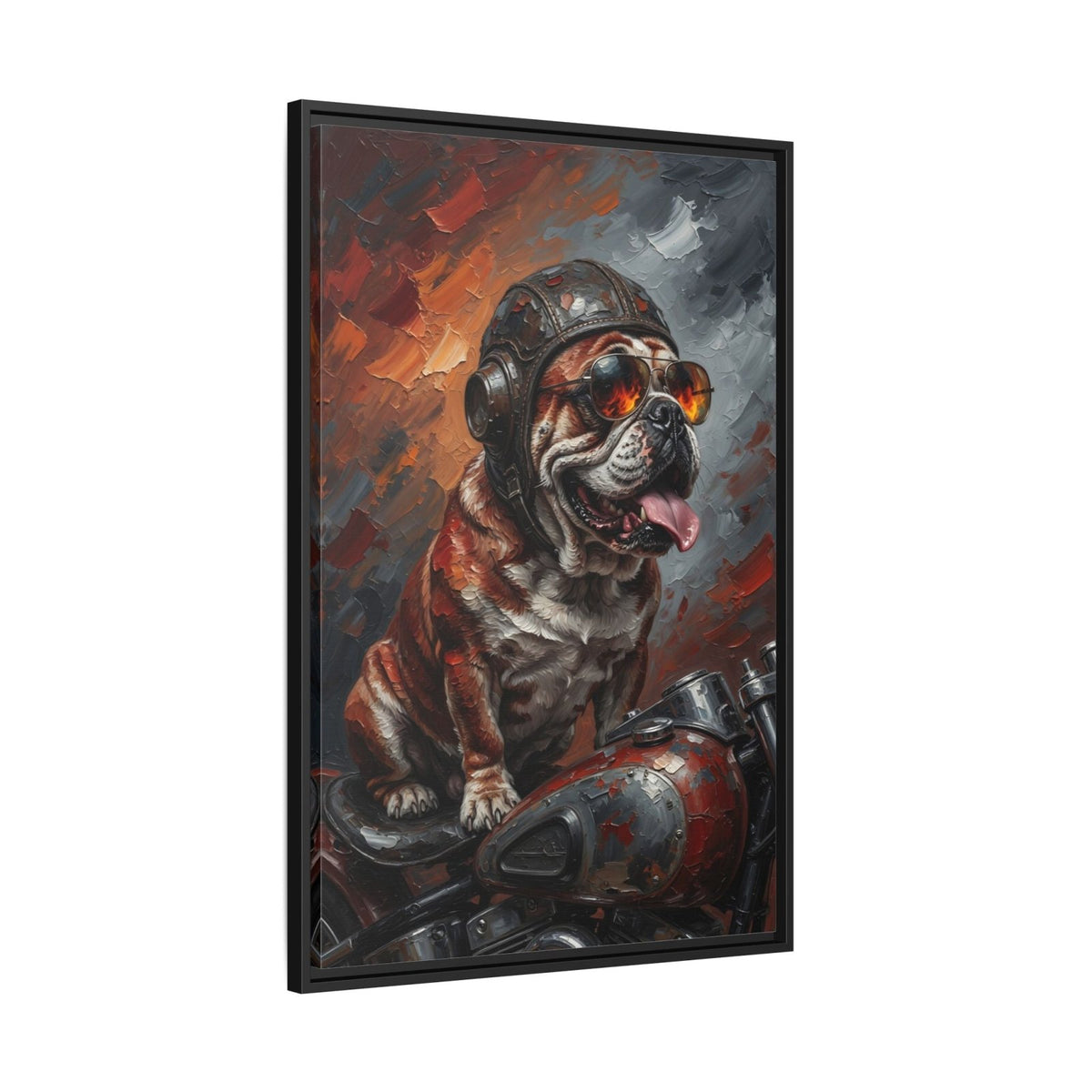Framed canvas biker bulldog painting, black frame, close view of bulldog and motorcycle