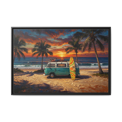 Beach Sunset Van Canvas Print — Surfboard Coastal Wall Art (Framed)