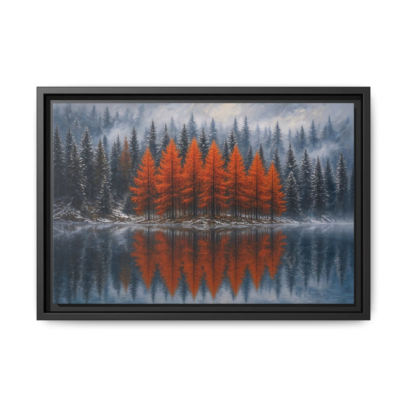 Framed canvas wall art with orange trees and mirrored lake, black frame, angled view
