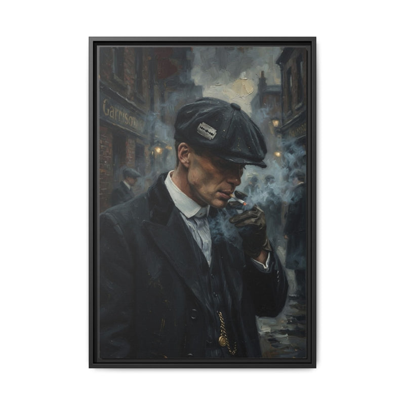 Framed matte canvas: suited man in a cap smoking, black frame