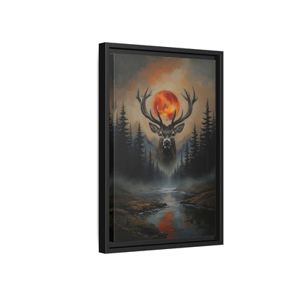 Stag Silhouette with Blood Moon -  Framed Matte Canvas Art