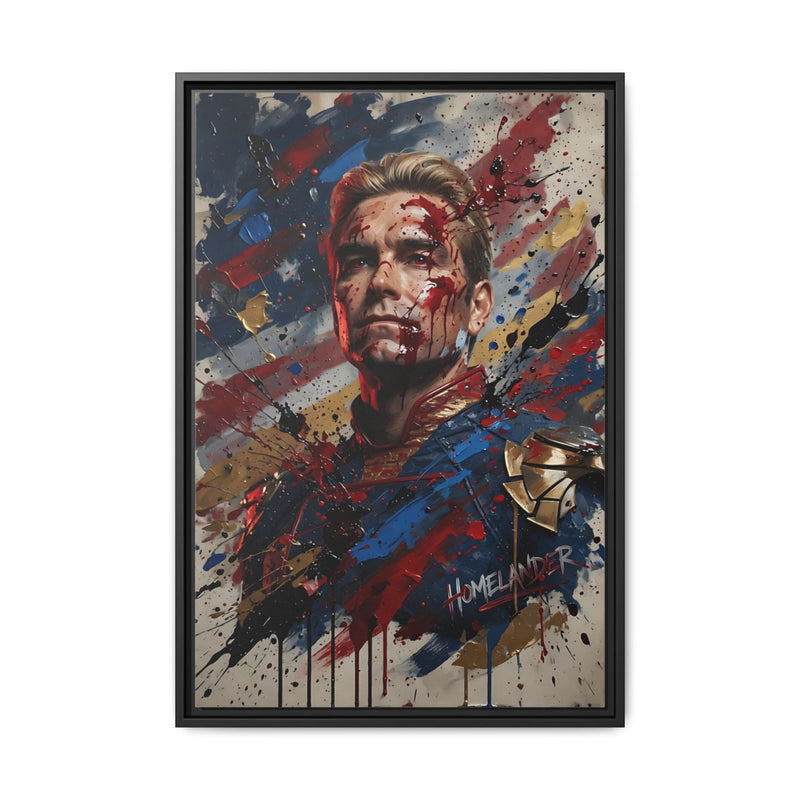 Framed matte canvas portrait print with black frame, splatter-style hero face artwork