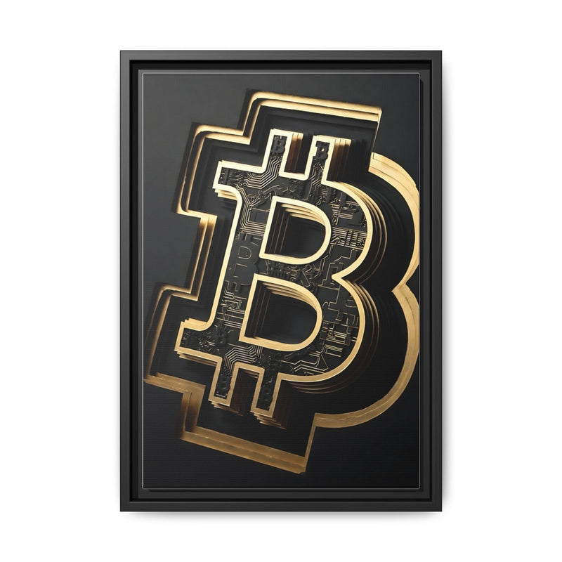 Gold Bitcoin symbol framed canvas with thin inner border on dark background