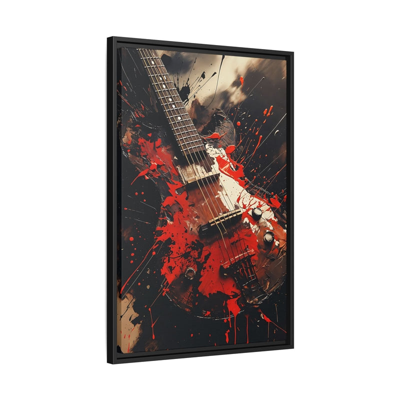 Black framed electric guitar wall art canvas with red splatter abstract design.