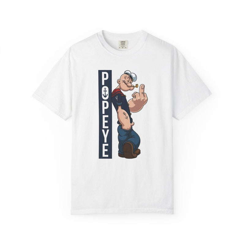 White graphic cartoon T-shirt with vertical sailor-themed print at center chest