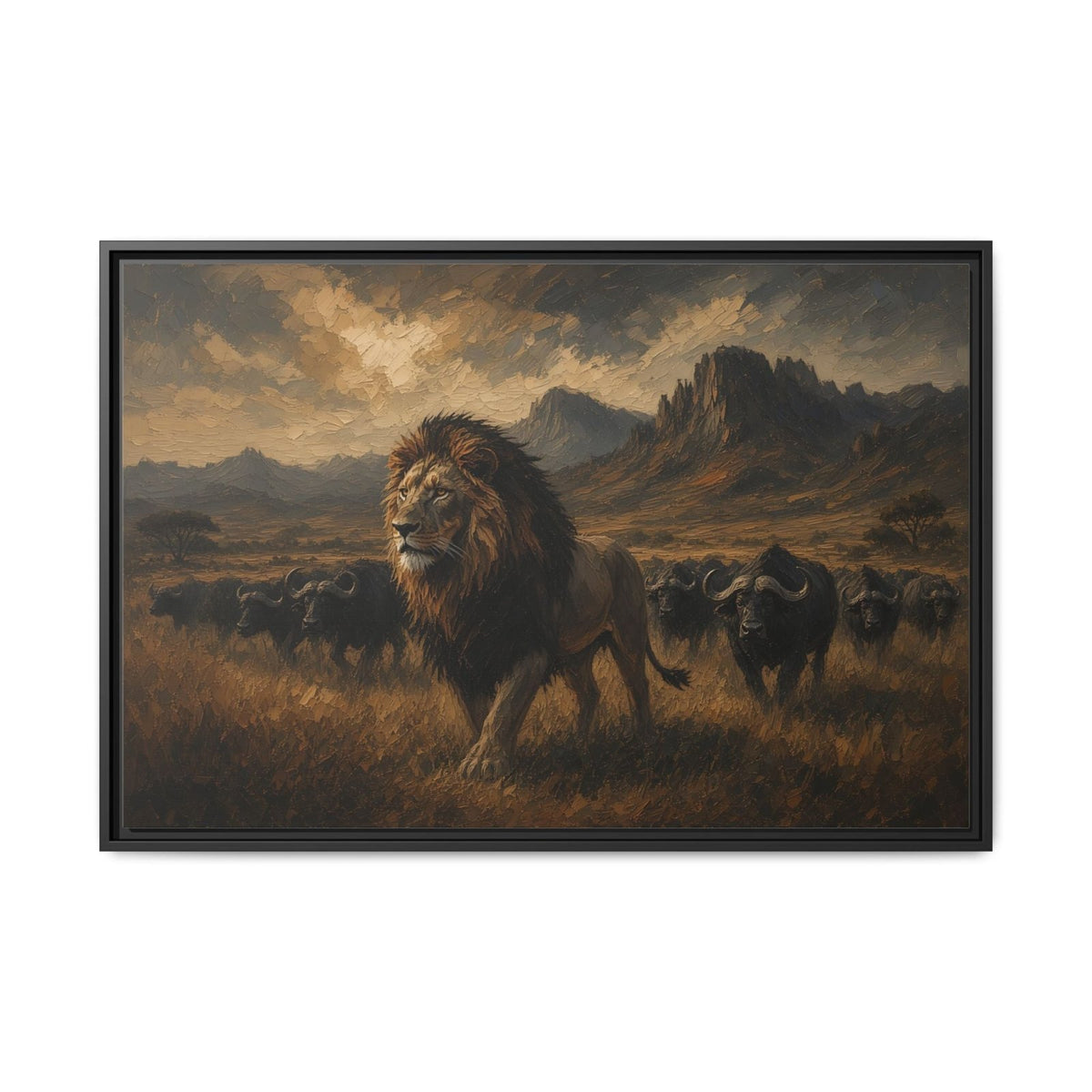 Lion and buffalo black framed canvas with warm savanna landscape and cloudy sky