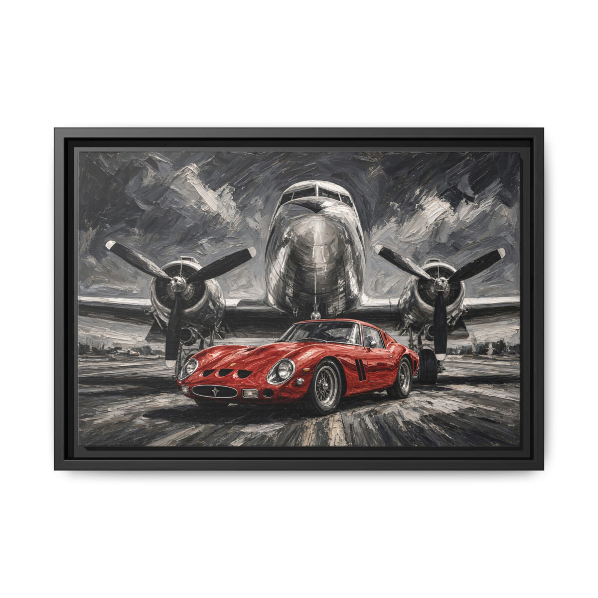 Framed Canvas Print — Vintage Red Racing Car & Propeller Plane Artwork
