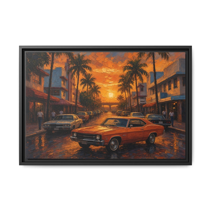 Framed canvas wall art showing an orange muscle car and palm trees beneath sunset light