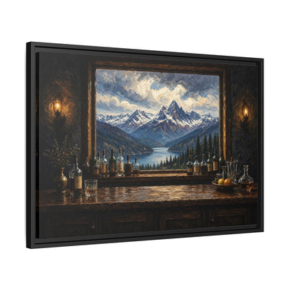 Mountain Lodge Bar – Window View Framed Canvas