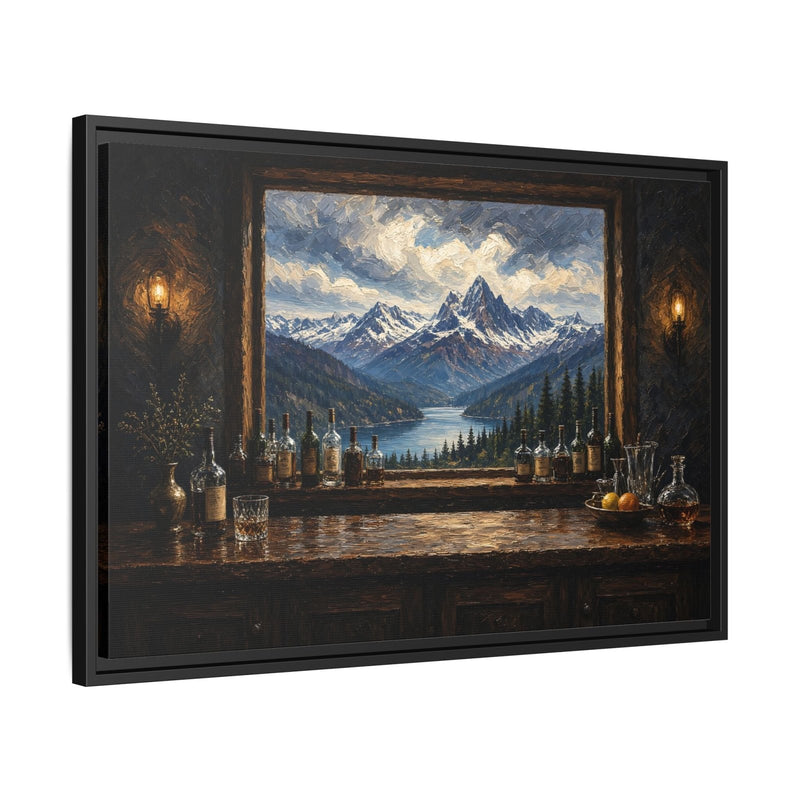Mountain Lodge Bar – Window View Framed Canvas