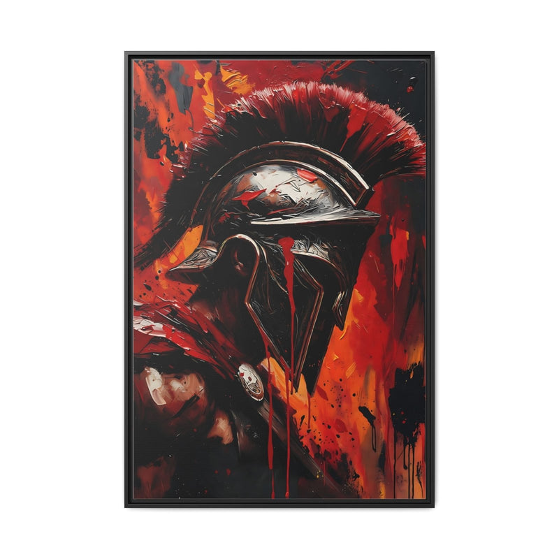 Framed canvas wall art featuring Spartan warrior helmet graphic, black frame and bold red accents