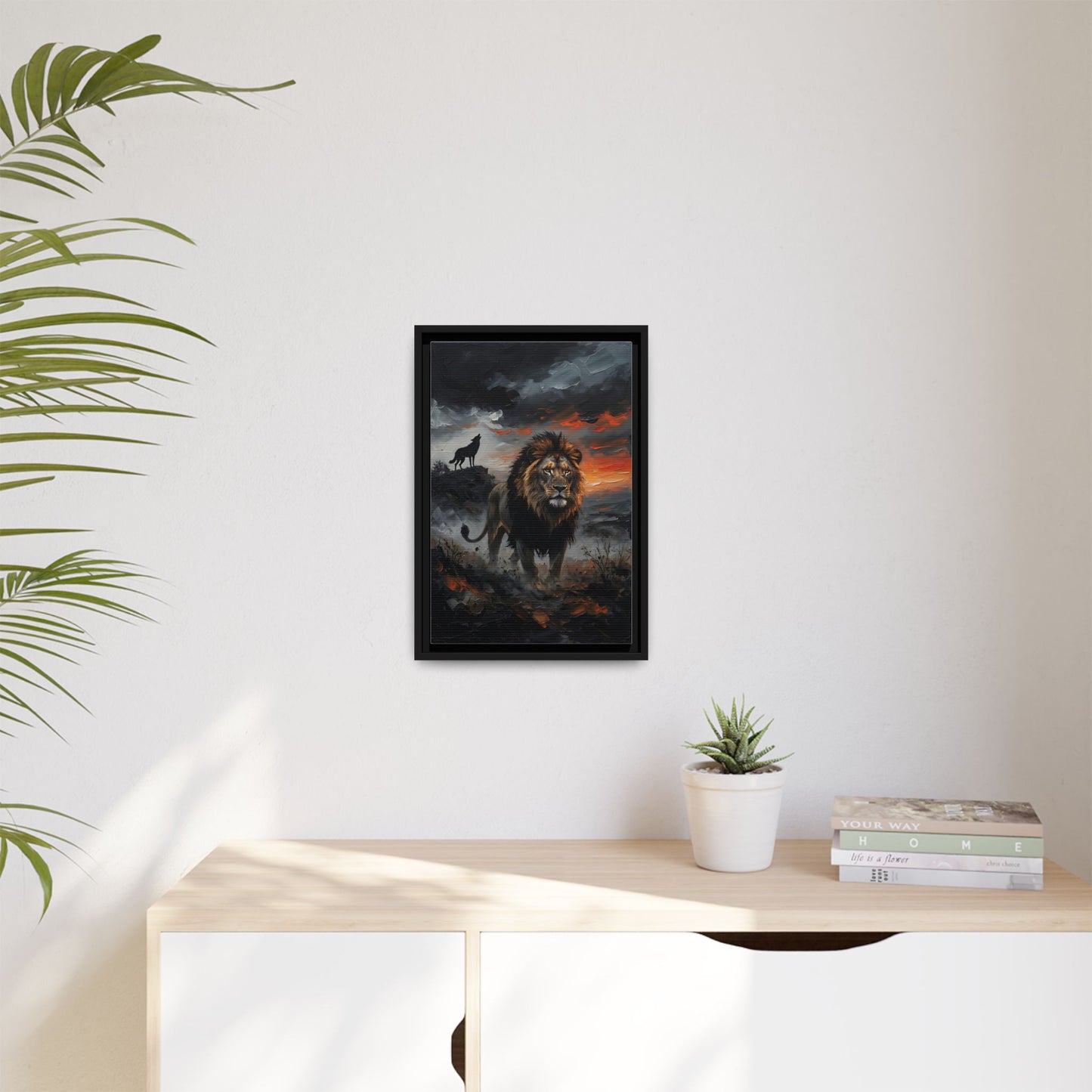 Lion and Wolf Matte Framed Canvas — Majestic Wildlife Sunset Wall Art