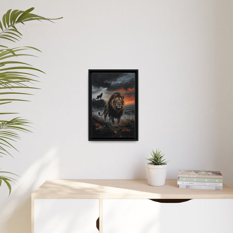 Lion and Wolf Matte Framed Canvas — Majestic Wildlife Sunset Wall Art