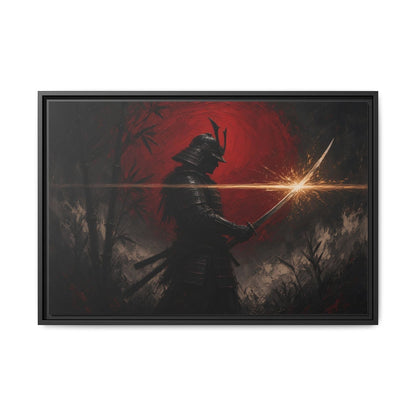 Framed canvas artwork of a dark-armored samurai with red backdrop and glowing sword